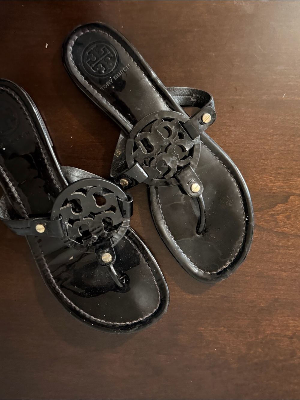 Tory Burch Black Patent Logo Thong Sandals